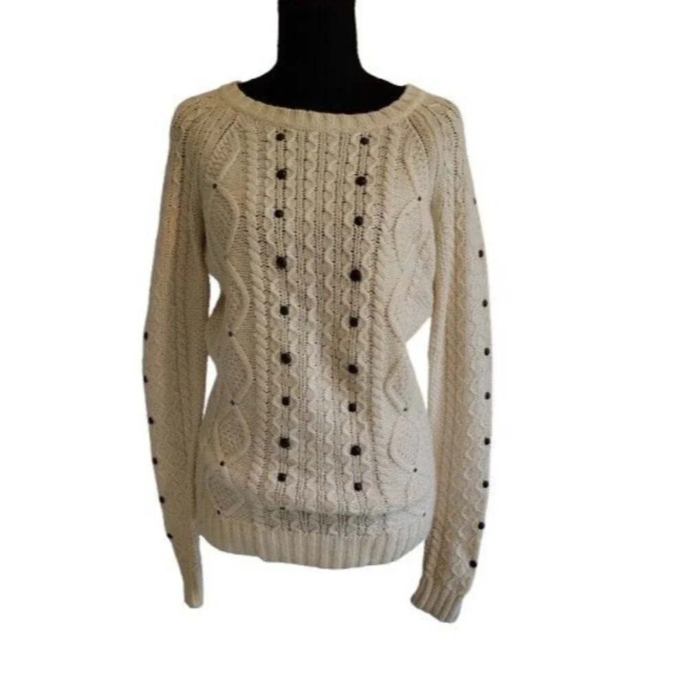 American Eagle Outfitters Cream Cable Knit Wool Blend Studded Sweater XS